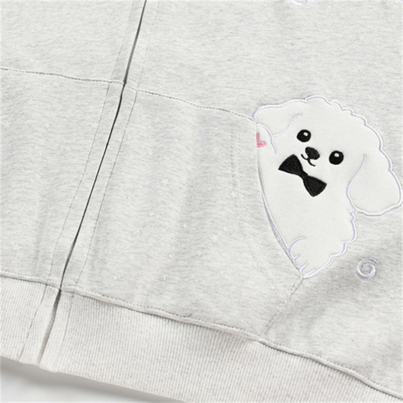 Patch bag hooded cardigan sweatshirt