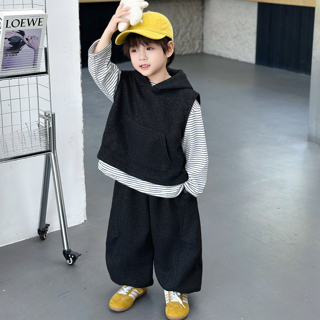 Boys Autumn  Casual Hooded Vest Base Shirt Pants Three-Piece Set