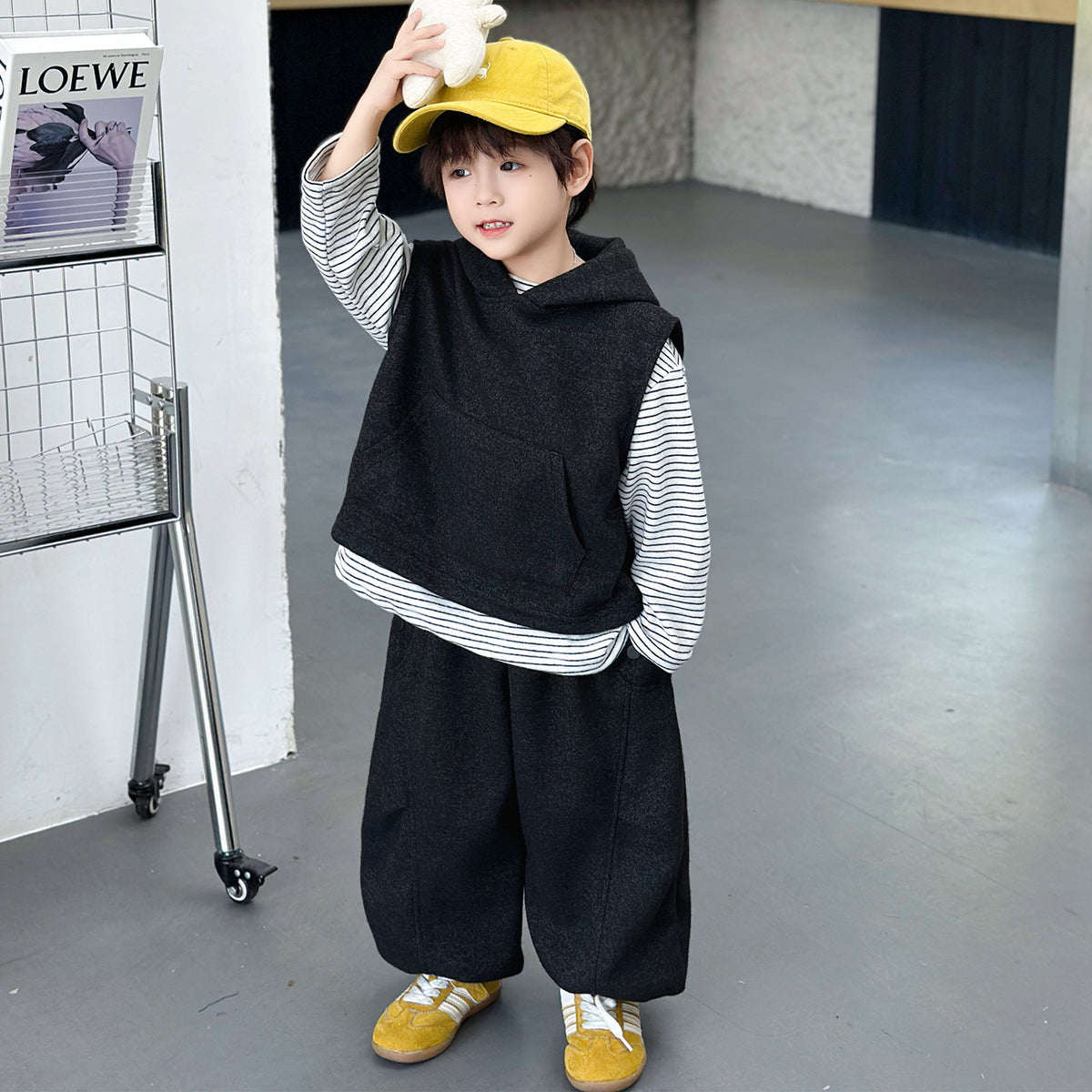 Boys Autumn  Casual Hooded Vest Base Shirt Pants Three-Piece Set