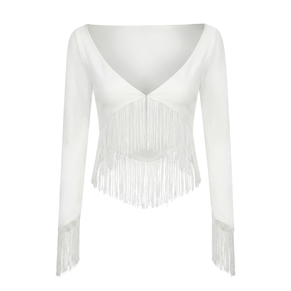 Deep V-neck elastic tassel T-shirt top for women's wear