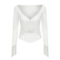 Deep V-neck elastic tassel T-shirt top for women's wear