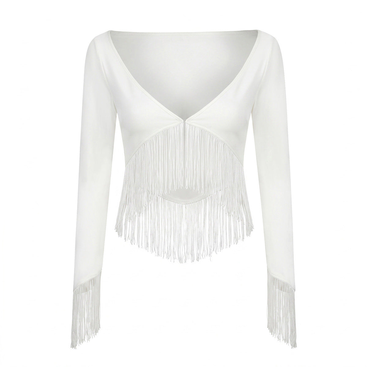 Deep V-neck elastic tassel T-shirt top for women's wear