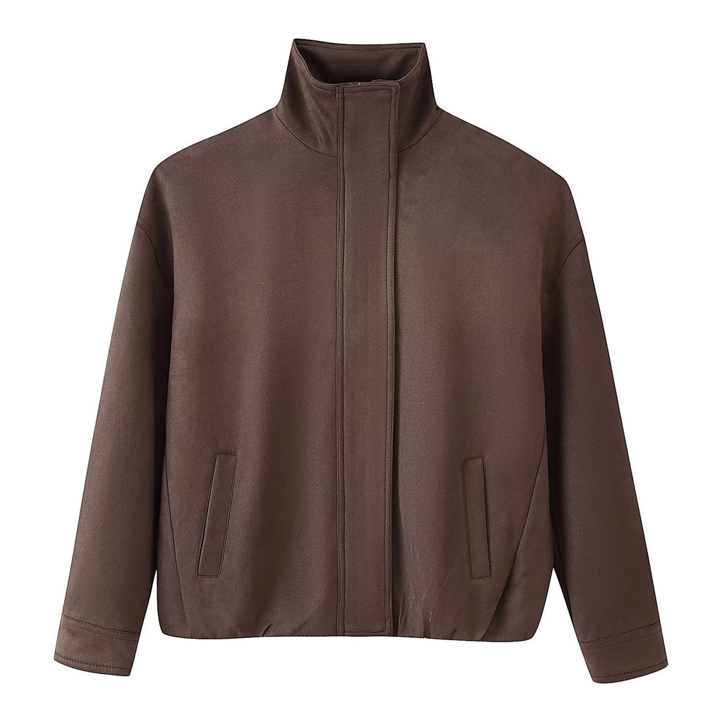 Loose suede texture zipper long sleeved stand up collar jacket