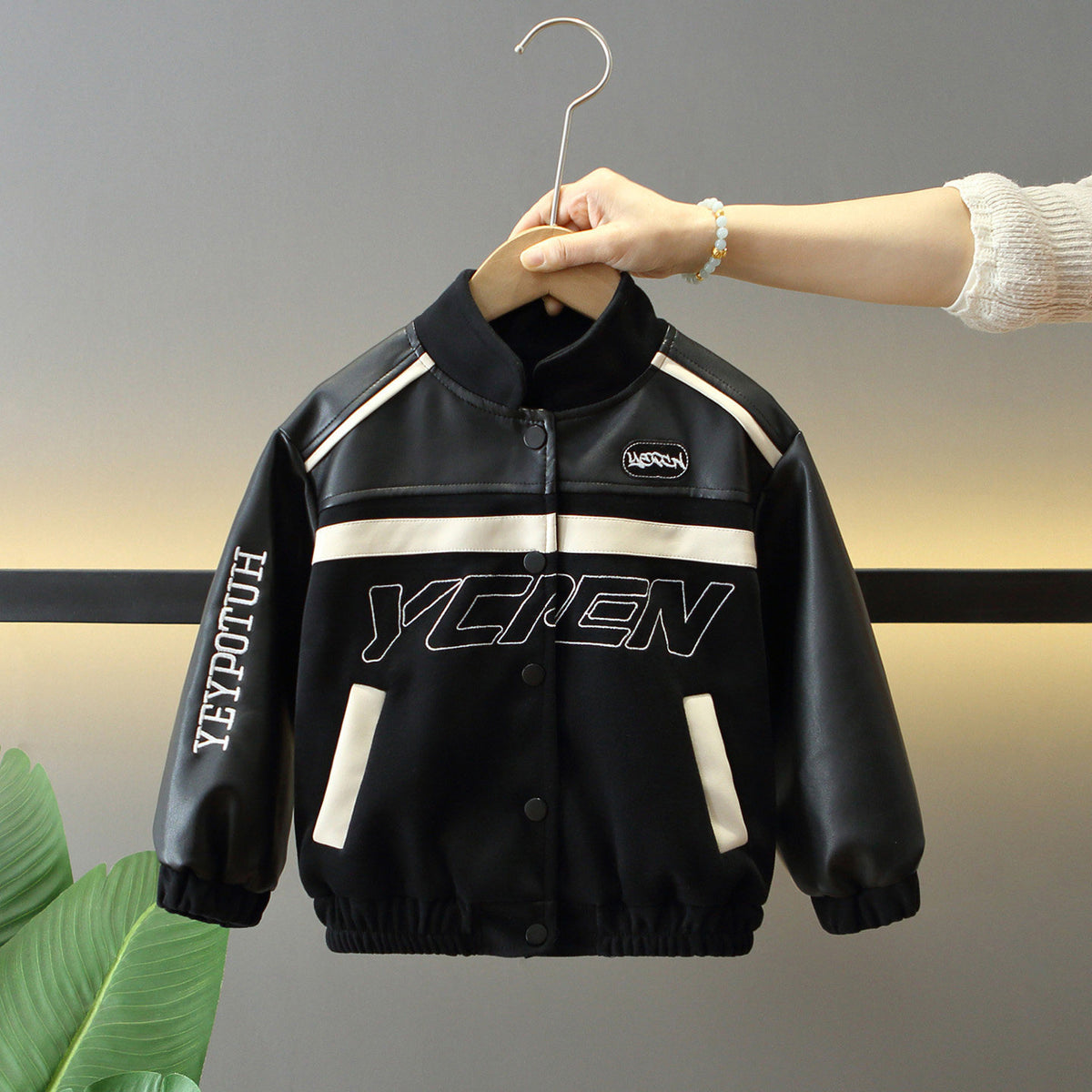 Style PU Leather Zipper Stand Collar Slim Fit Jacket for Boys
