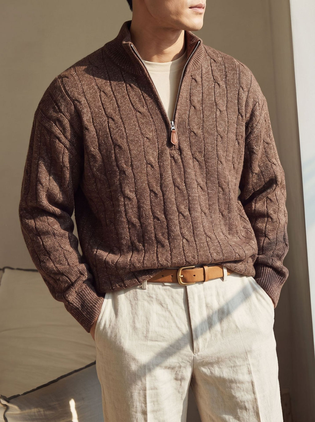 Half zip stand up collar long sleeved loose sweater