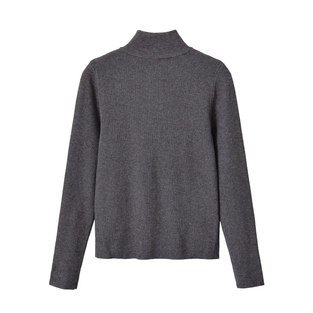 Zipper pullover stand up collar long sleeved knitted sweater for women