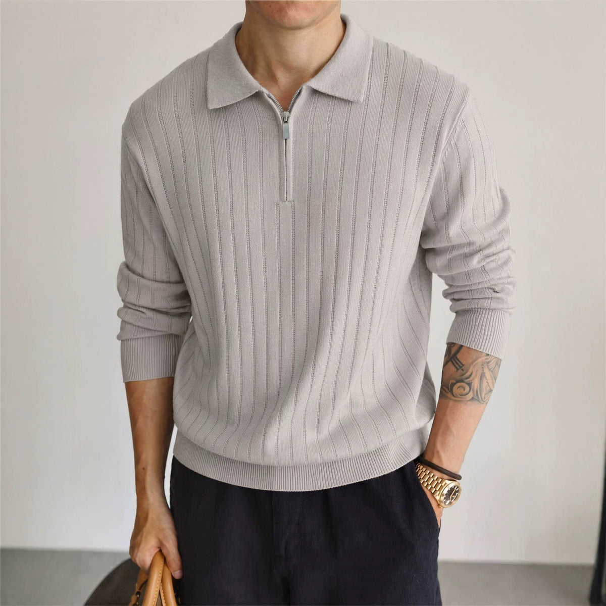 Half zip lapel long sleeved sweater for men
