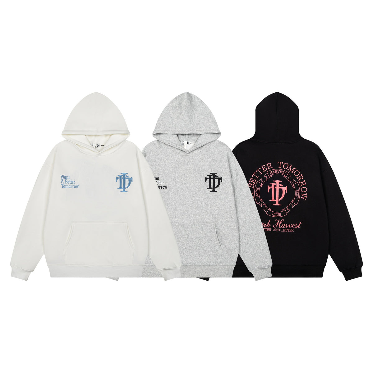 Letter Embroidery Hooded Pullover Sweatshirt with Back Ring Print