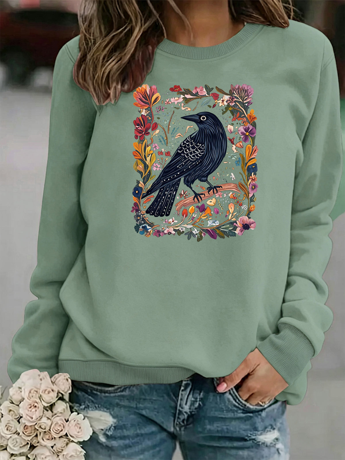 Crow print round neck fleece hoodie