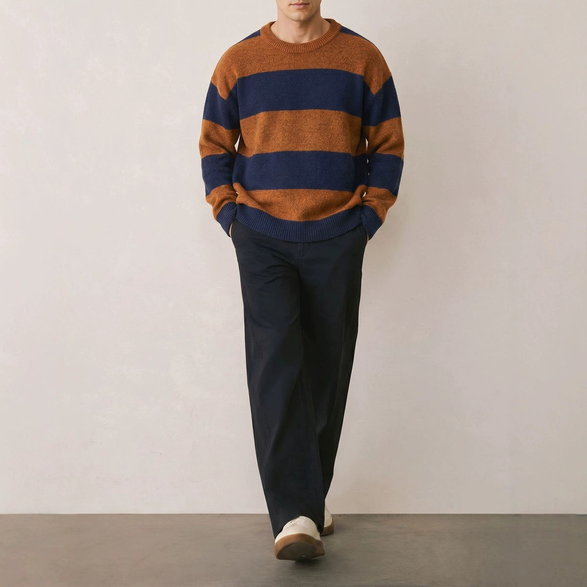 Striped contrasting round neck sweater